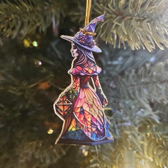Acrylic Vintage Witch In Magical Stained Glass Dress Ornament Pendant - Picture 6 of 7